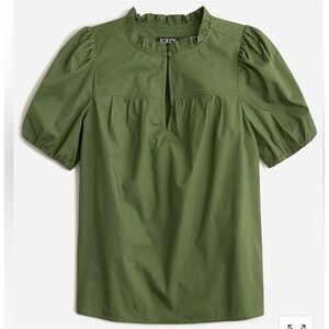 J.Crew Olive Green Ruffle Neck Puff Sleeve Keyhole‎ Cotton Blouse XL